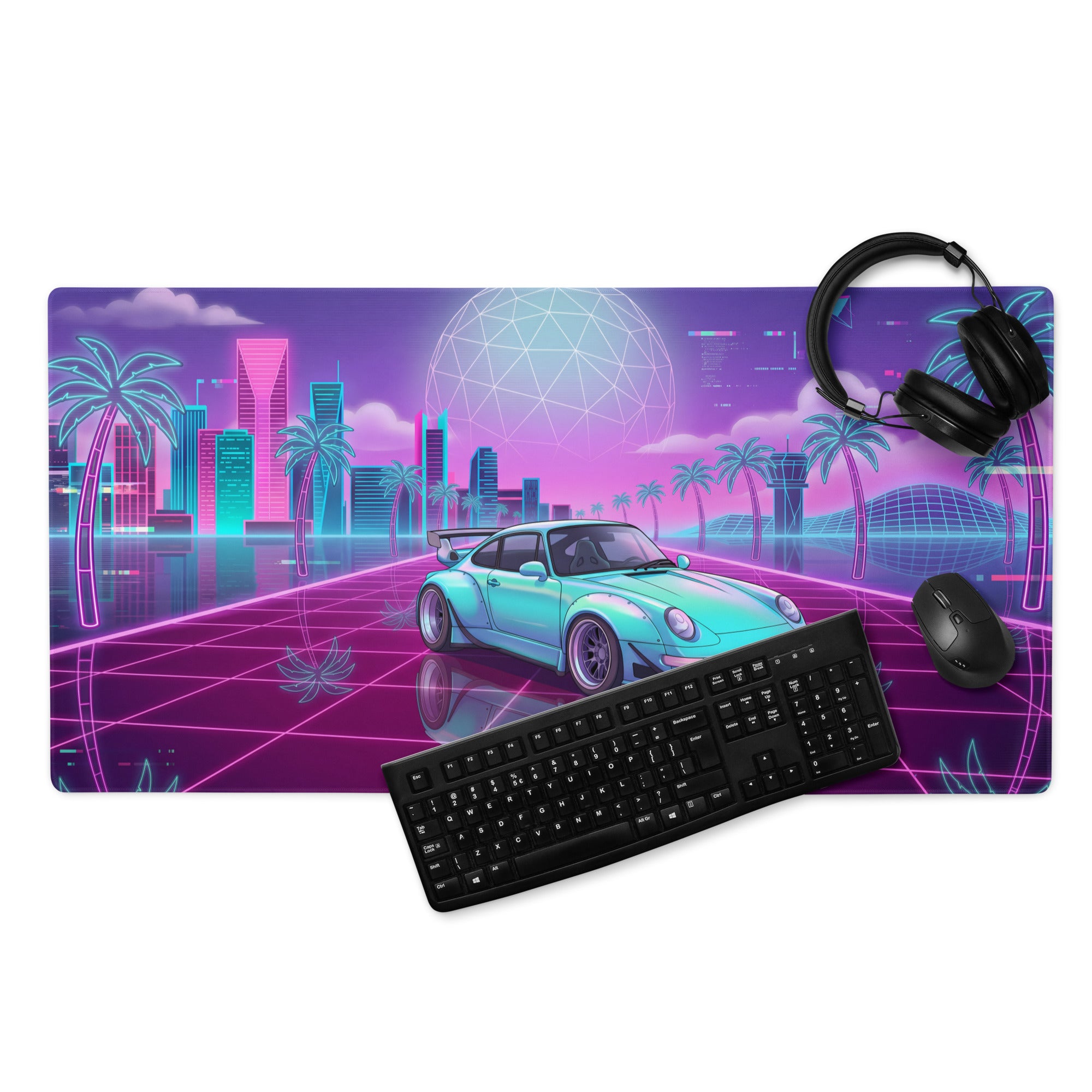 Porsche 911 964 Inspired Mint Green Purple Vaporwave Gaming Mouse Pad, Widebody Sports Car Desk Mat with Neon Futuristic Overpass Artwork
