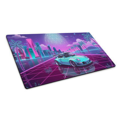 Porsche 911 964 Inspired Mint Green Purple Vaporwave Gaming Mouse Pad, Widebody Sports Car Desk Mat with Neon Futuristic Overpass Artwork