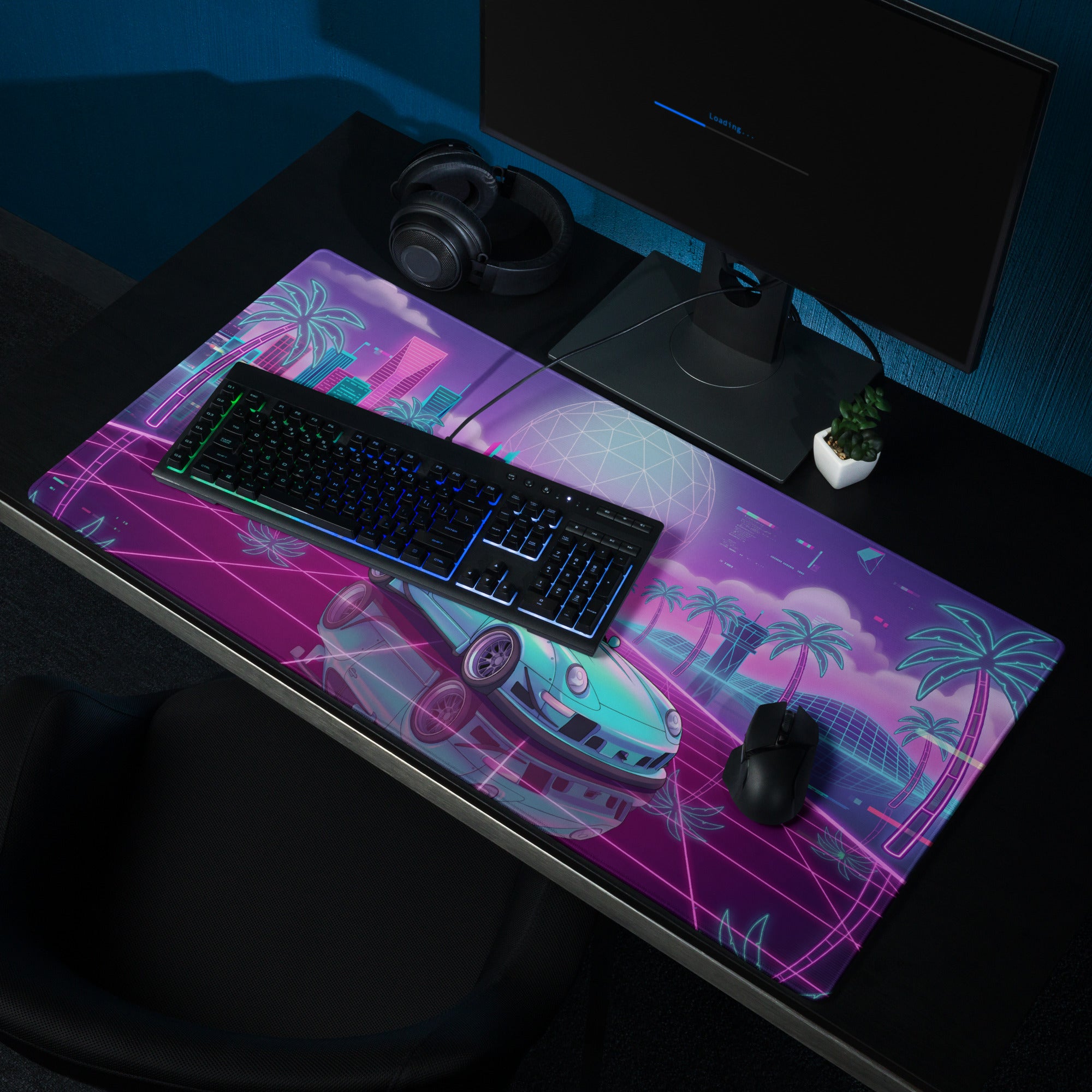 Porsche 911 964 Inspired Mint Green Purple Vaporwave Gaming Mouse Pad, Widebody Sports Car Desk Mat with Neon Futuristic Overpass Artwork