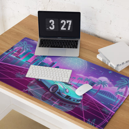 Porsche 911 964 Inspired Mint Green Purple Vaporwave Gaming Mouse Pad, Widebody Sports Car Desk Mat with Neon Futuristic Overpass Artwork