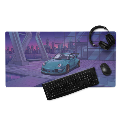 Porsche 911 993 Widebody Inspired Teal Purple Vaporwave Gaming Mouse Pad, Neon Sports Car Desk Mat with Futuristic City Garage Artwork