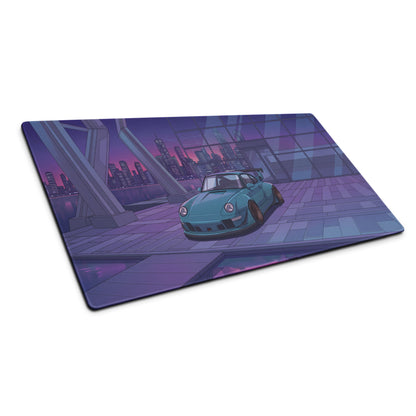 Porsche 911 993 Widebody Inspired Teal Purple Vaporwave Gaming Mouse Pad, Neon Sports Car Desk Mat with Futuristic City Garage Artwork