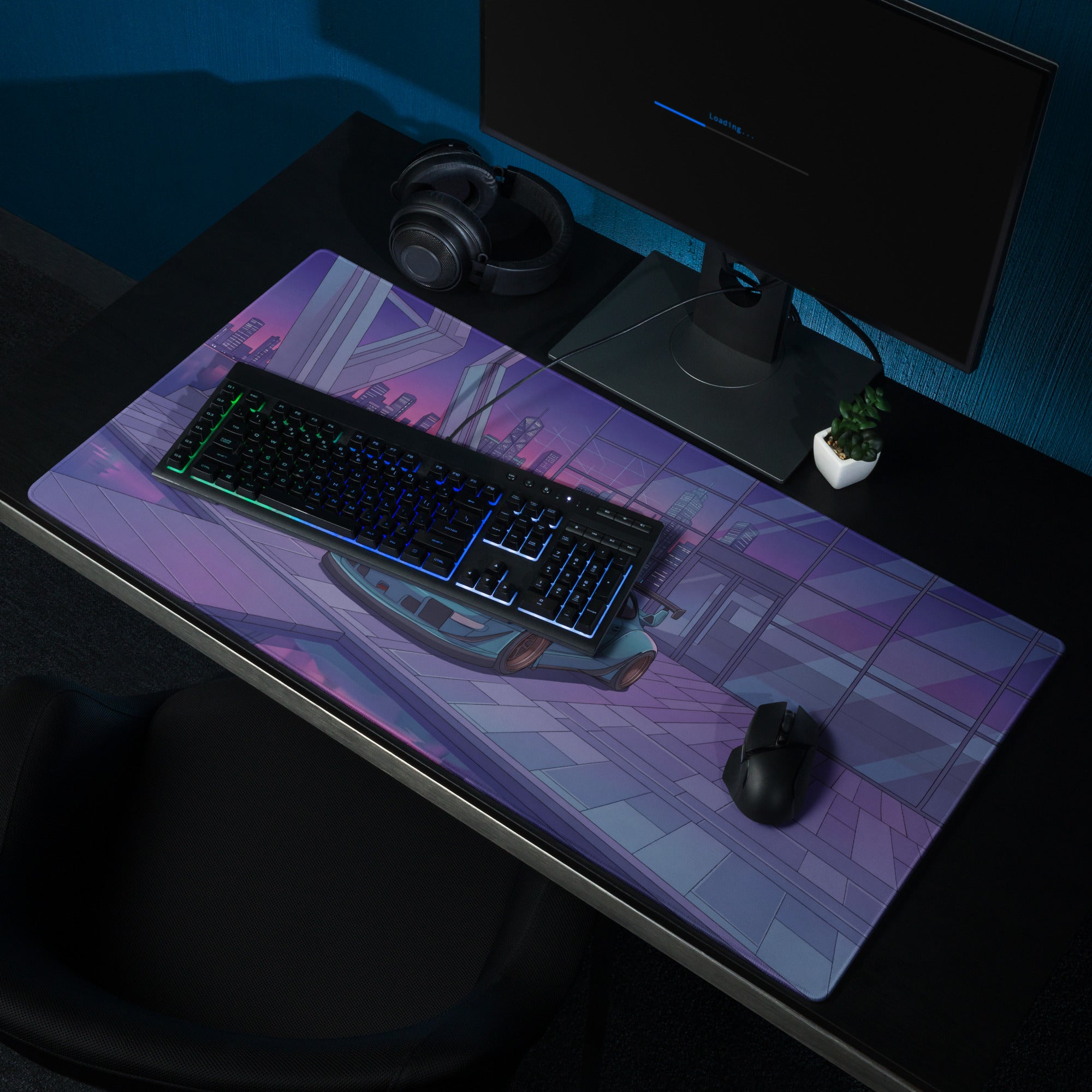 Porsche 911 993 Widebody Inspired Teal Purple Vaporwave Gaming Mouse Pad, Neon Sports Car Desk Mat with Futuristic City Garage Artwork