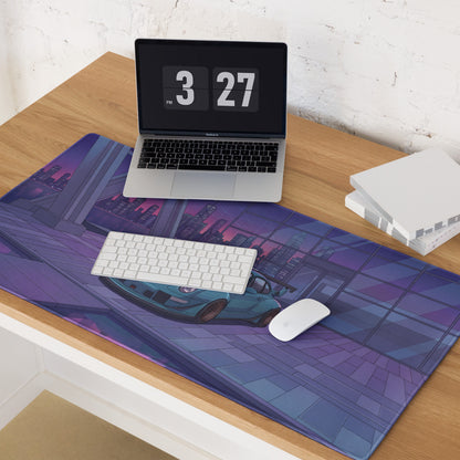 Porsche 911 993 Widebody Inspired Teal Purple Vaporwave Gaming Mouse Pad, Neon Sports Car Desk Mat with Futuristic City Garage Artwork