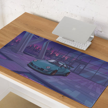 Porsche 911 993 Widebody Inspired Teal Purple Vaporwave Gaming Mouse Pad, Neon Sports Car Desk Mat with Futuristic City Garage Artwork