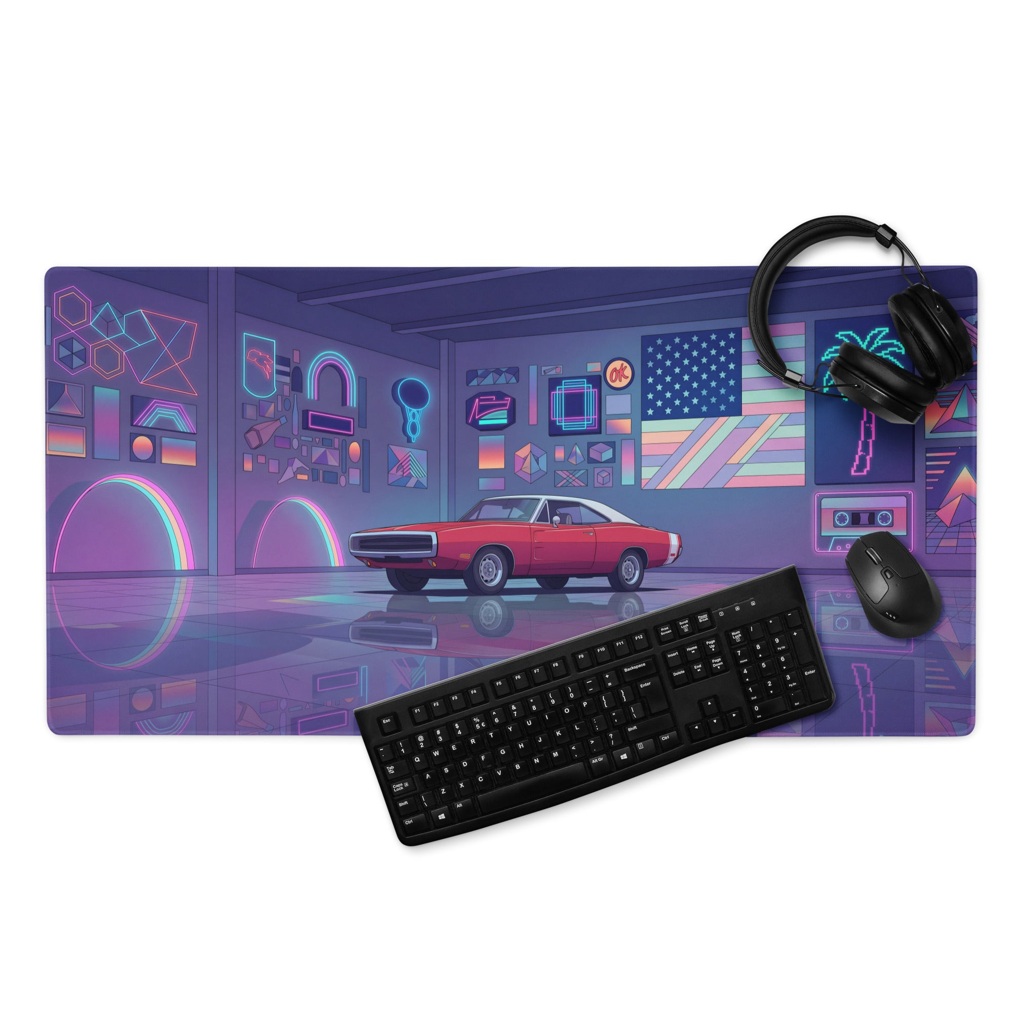 1969 Dodge Charger R/T Inspired Red Purple Vaporwave Gaming Mouse Pad, Classic American Muscle Car Desk Mat with Neon Retro Garage Artwork