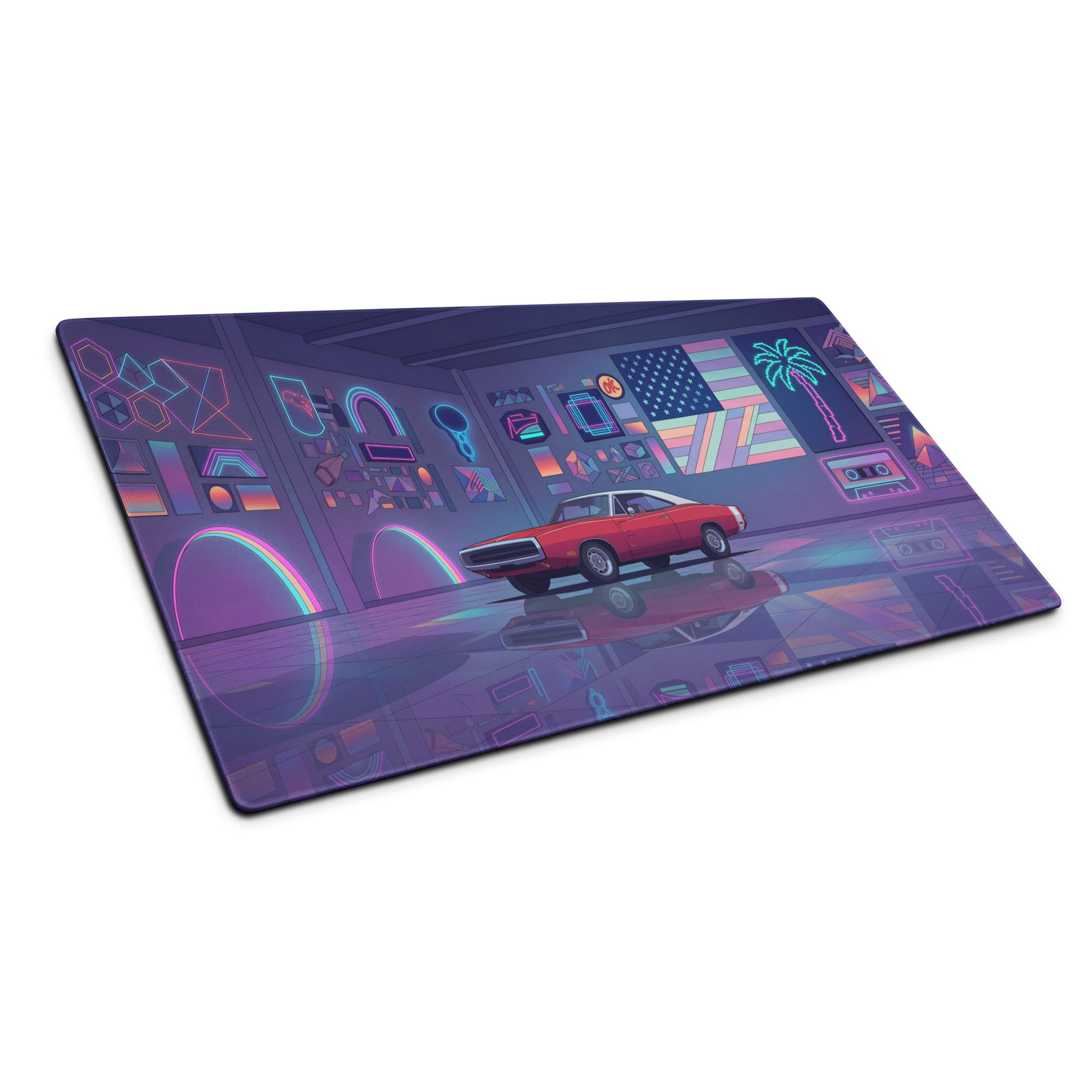 1969 Dodge Charger R/T Inspired Red Purple Vaporwave Gaming Mouse Pad, Classic American Muscle Car Desk Mat with Neon Retro Garage Artwork