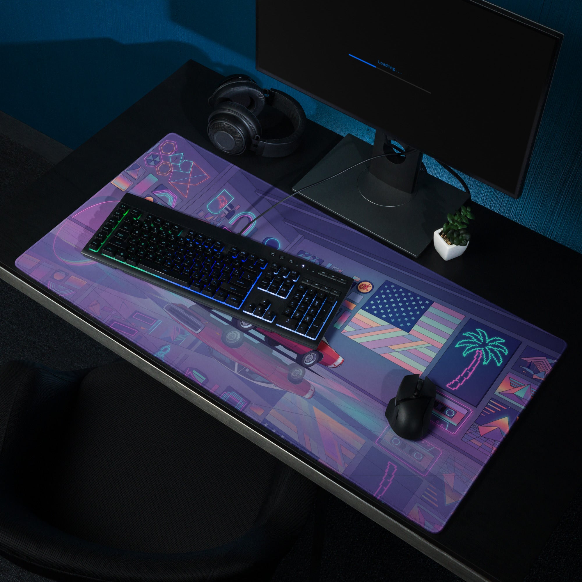 1969 Dodge Charger R/T Inspired Red Purple Vaporwave Gaming Mouse Pad, Classic American Muscle Car Desk Mat with Neon Retro Garage Artwork