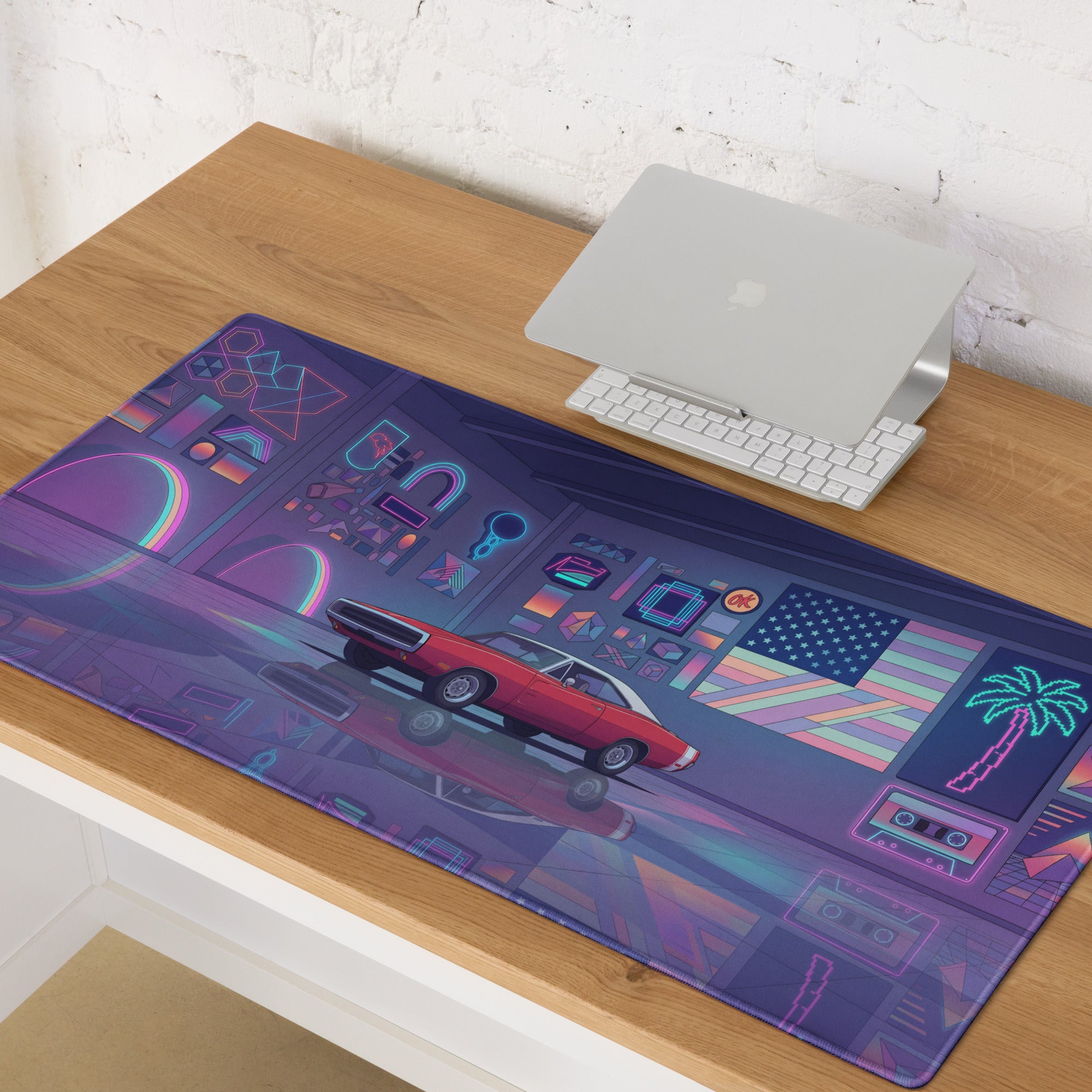 1969 Dodge Charger R/T Inspired Red Purple Vaporwave Gaming Mouse Pad, Classic American Muscle Car Desk Mat with Neon Retro Garage Artwork