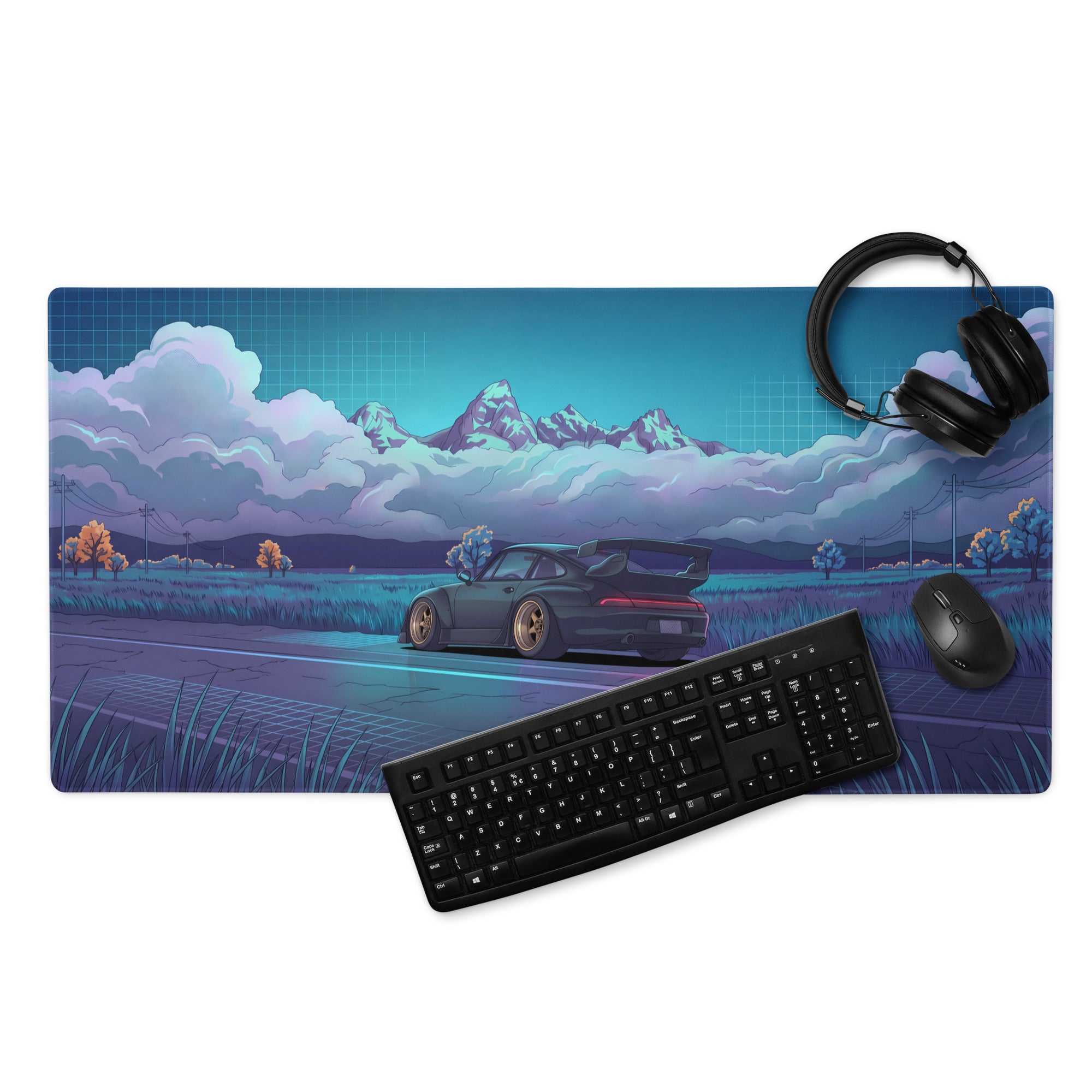 RWB Porsche 911 Turbo Inspired Black Teal Vaporwave Gaming Mouse Pad, Classic Sports Car Desk Mat with Neon Mountain Road and Storm Cloud Artwork