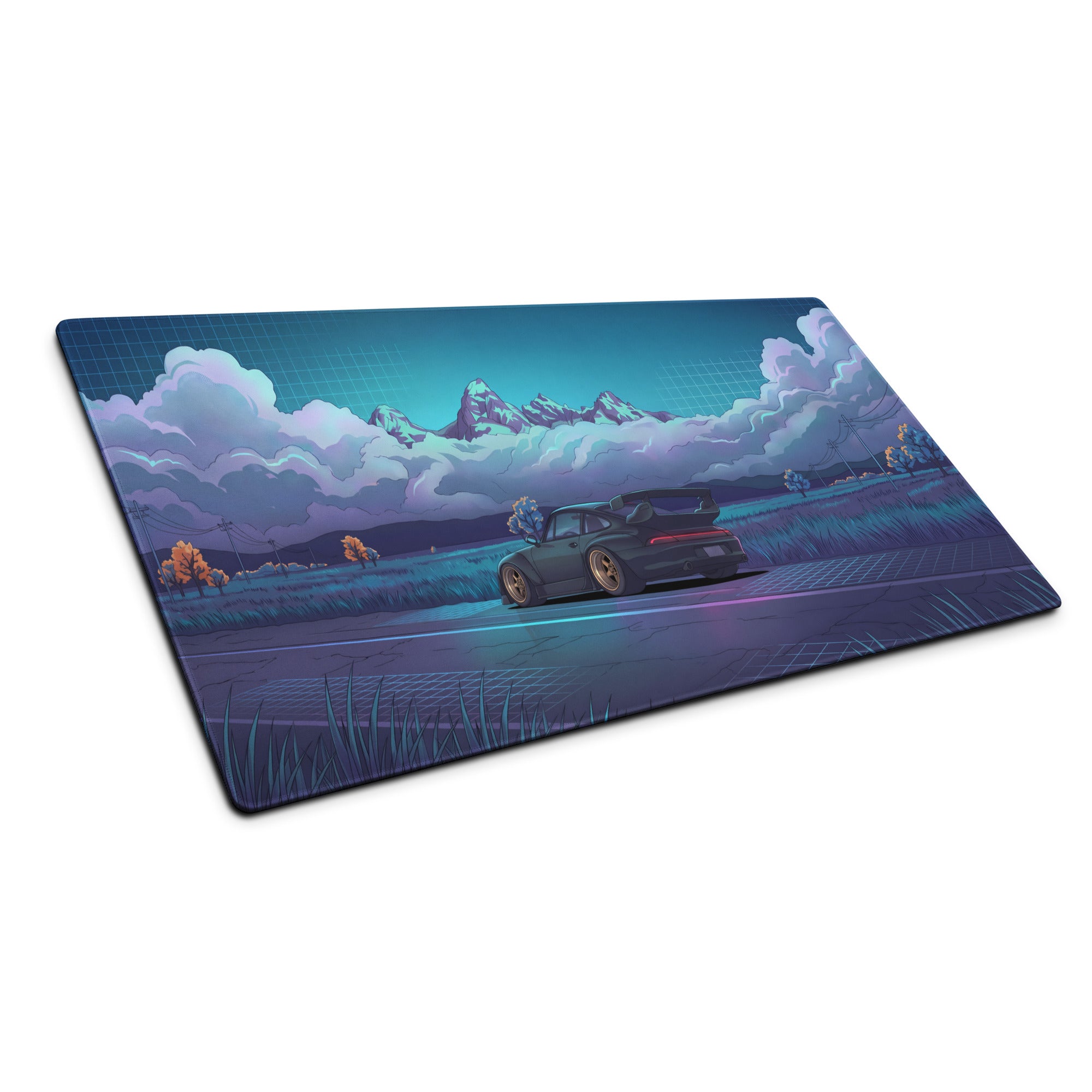RWB Porsche 911 Turbo Inspired Black Teal Vaporwave Gaming Mouse Pad, Classic Sports Car Desk Mat with Neon Mountain Road and Storm Cloud Artwork