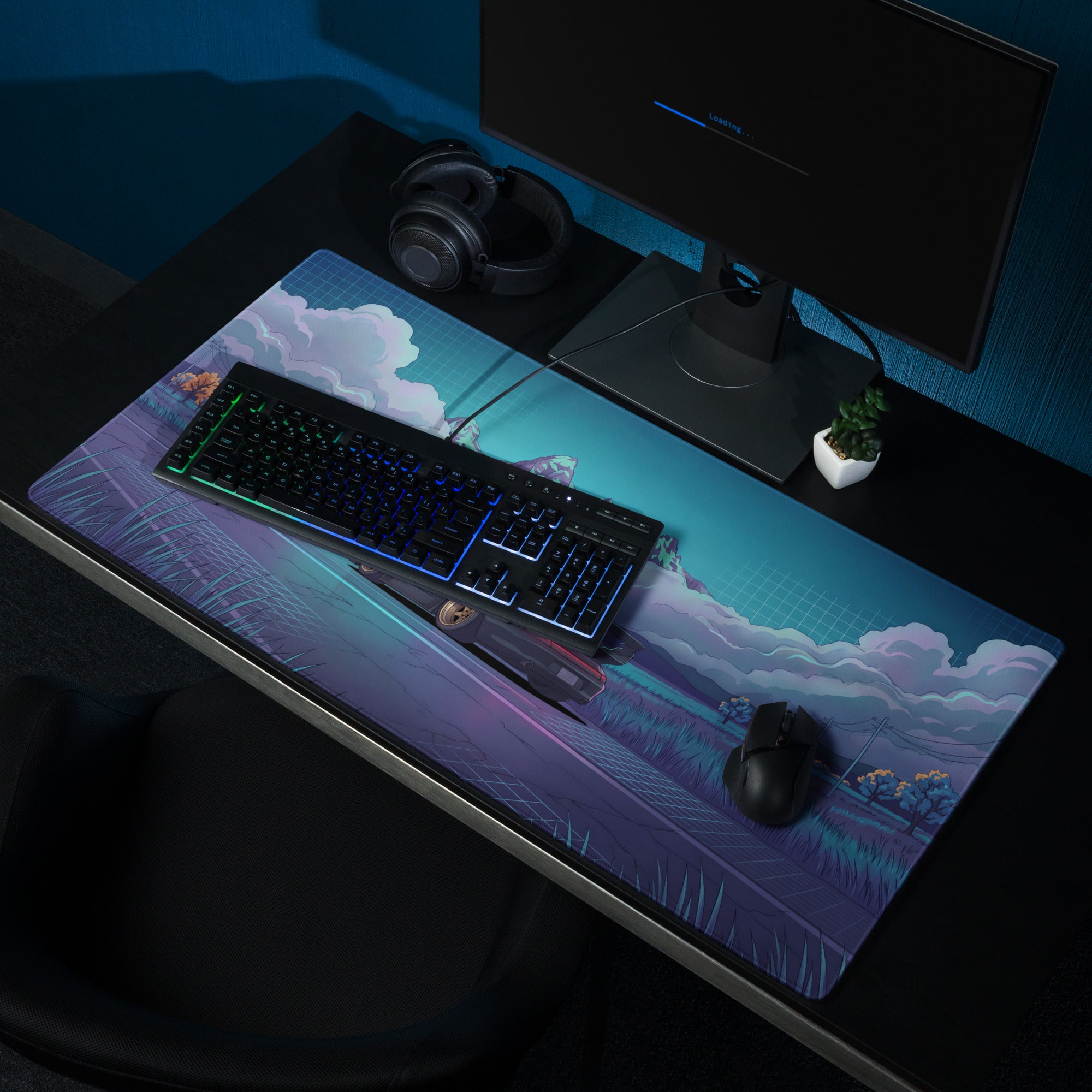 RWB Porsche 911 Turbo Inspired Black Teal Vaporwave Gaming Mouse Pad, Classic Sports Car Desk Mat with Neon Mountain Road and Storm Cloud Artwork
