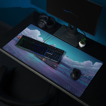 RWB Porsche 911 Turbo Inspired Black Teal Vaporwave Gaming Mouse Pad, Classic Sports Car Desk Mat with Neon Mountain Road and Storm Cloud Artwork