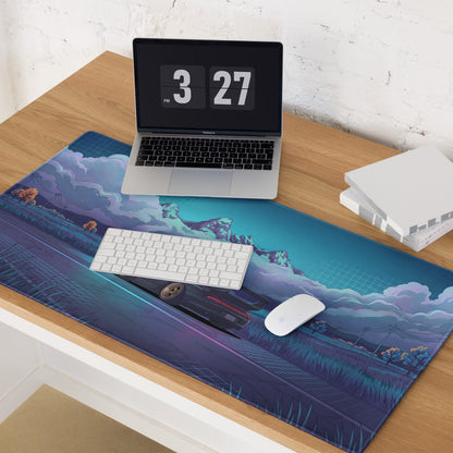 RWB Porsche 911 Turbo Inspired Black Teal Vaporwave Gaming Mouse Pad, Classic Sports Car Desk Mat with Neon Mountain Road and Storm Cloud Artwork