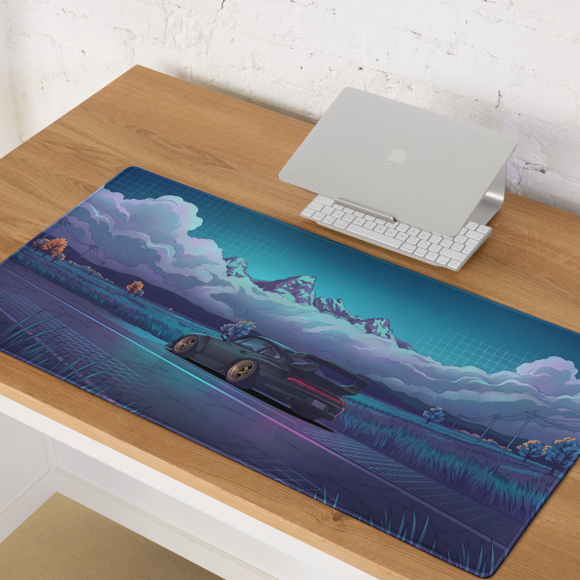 RWB Porsche 911 Turbo Inspired Black Teal Vaporwave Gaming Mouse Pad, Classic Sports Car Desk Mat with Neon Mountain Road and Storm Cloud Artwork