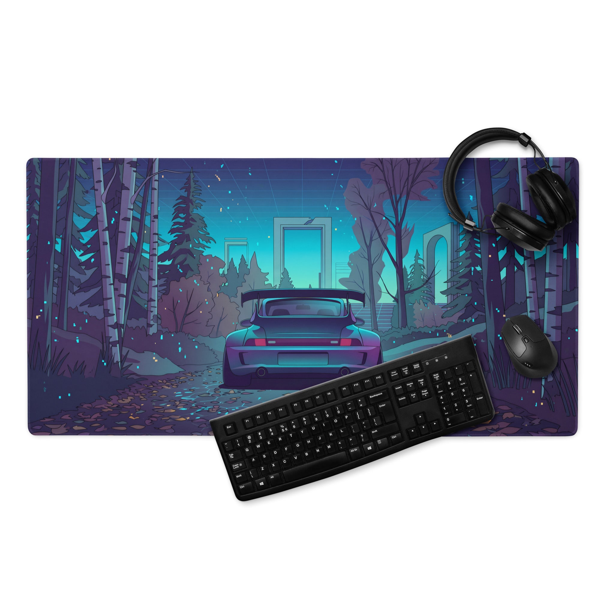Porsche 911 Turbo 993 Inspired Teal Purple Vaporwave Gaming Mouse Pad, Classic Sports Car Desk Mat with Enchanted Neon Forest Artwork