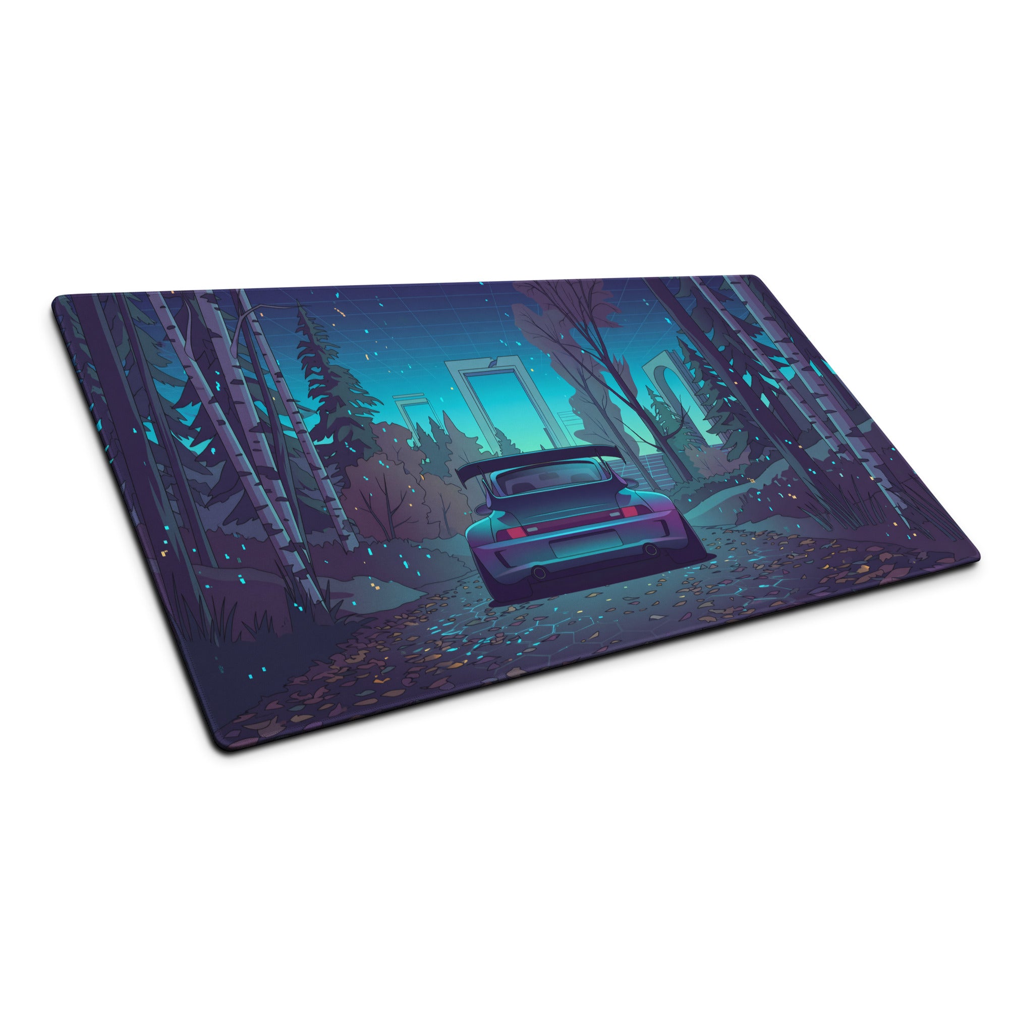 Porsche 911 Turbo 993 Inspired Teal Purple Vaporwave Gaming Mouse Pad, Classic Sports Car Desk Mat with Enchanted Neon Forest Artwork
