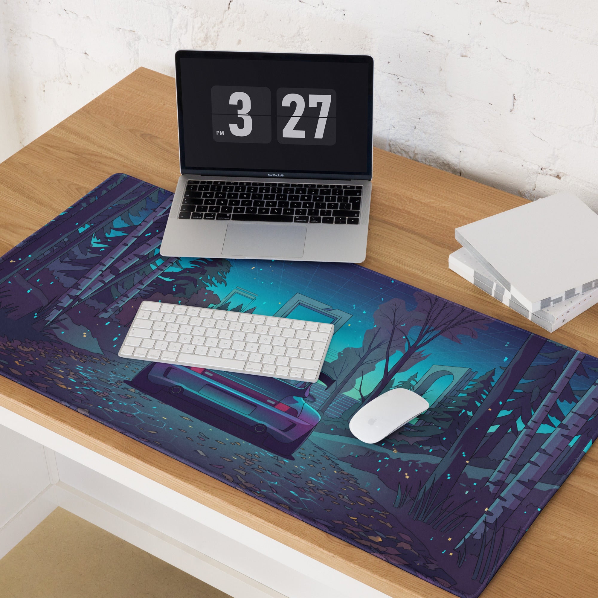 Porsche 911 Turbo 993 Inspired Teal Purple Vaporwave Gaming Mouse Pad, Classic Sports Car Desk Mat with Enchanted Neon Forest Artwork