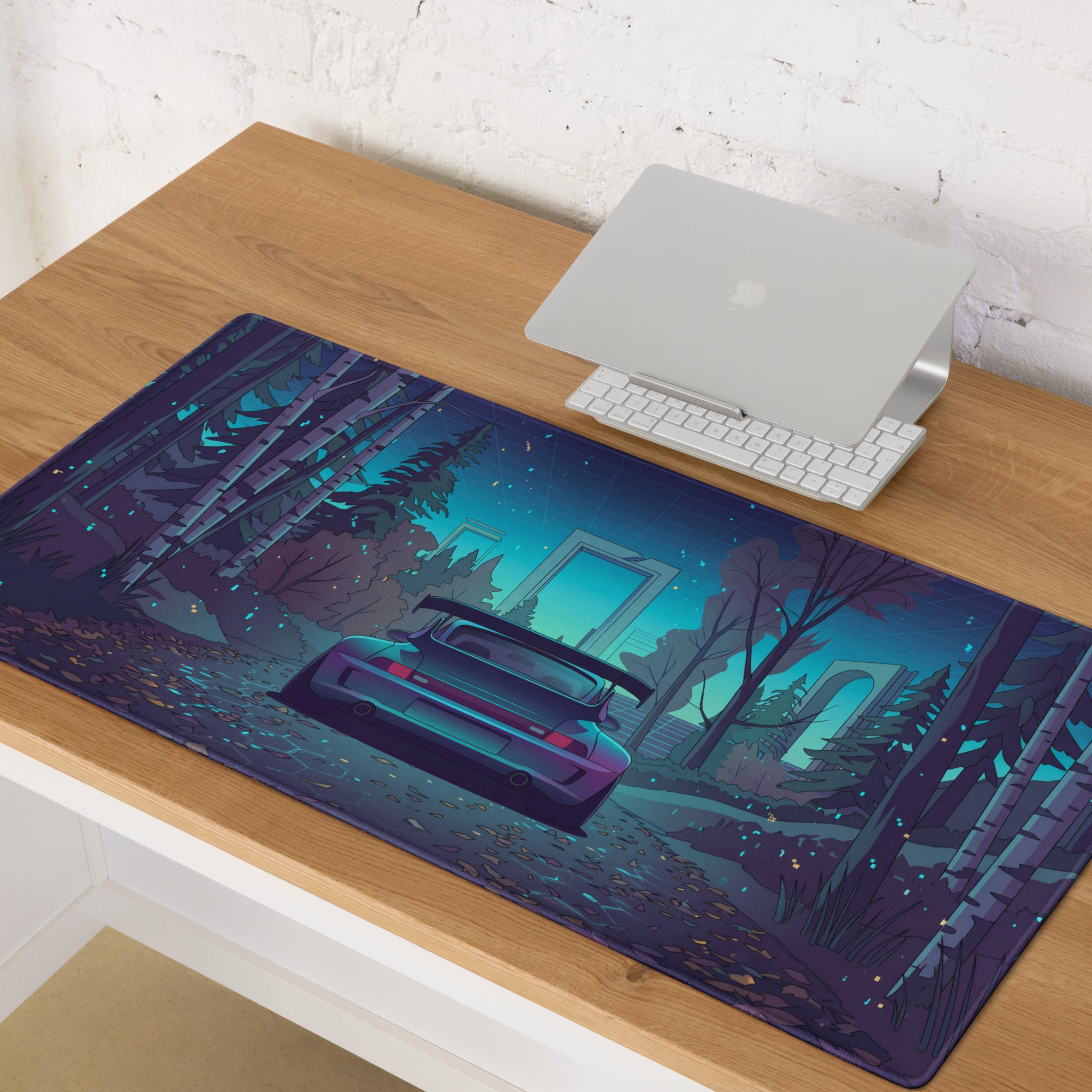 Porsche 911 Turbo 993 Inspired Teal Purple Vaporwave Gaming Mouse Pad, Classic Sports Car Desk Mat with Enchanted Neon Forest Artwork