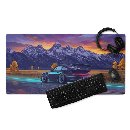 RWB Porsche 911 Turbo 964 Inspired Black Purple Vaporwave Gaming Mouse Pad, Classic Sports Car Desk Mat with Neon Mountain Sunset Artwork