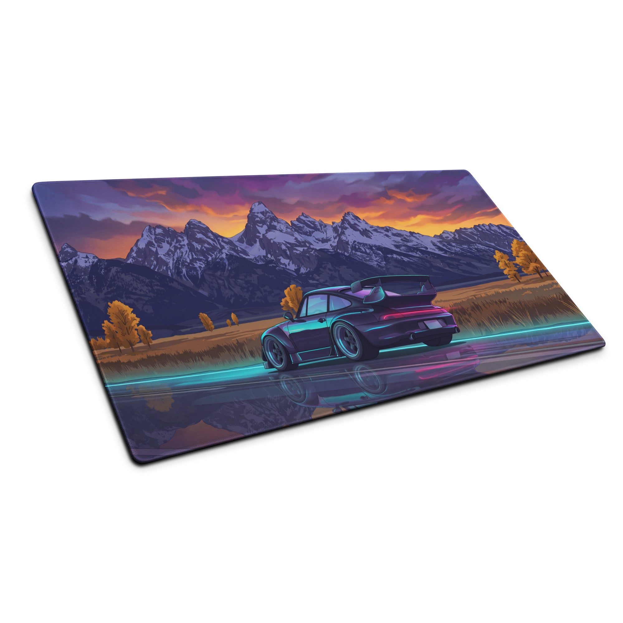 RWB Porsche 911 Turbo 964 Inspired Black Purple Vaporwave Gaming Mouse Pad, Classic Sports Car Desk Mat with Neon Mountain Sunset Artwork