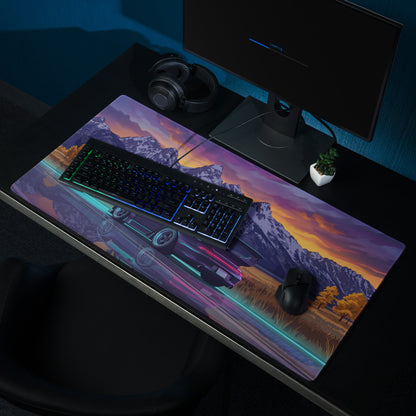 RWB Porsche 911 Turbo 964 Inspired Black Purple Vaporwave Gaming Mouse Pad, Classic Sports Car Desk Mat with Neon Mountain Sunset Artwork