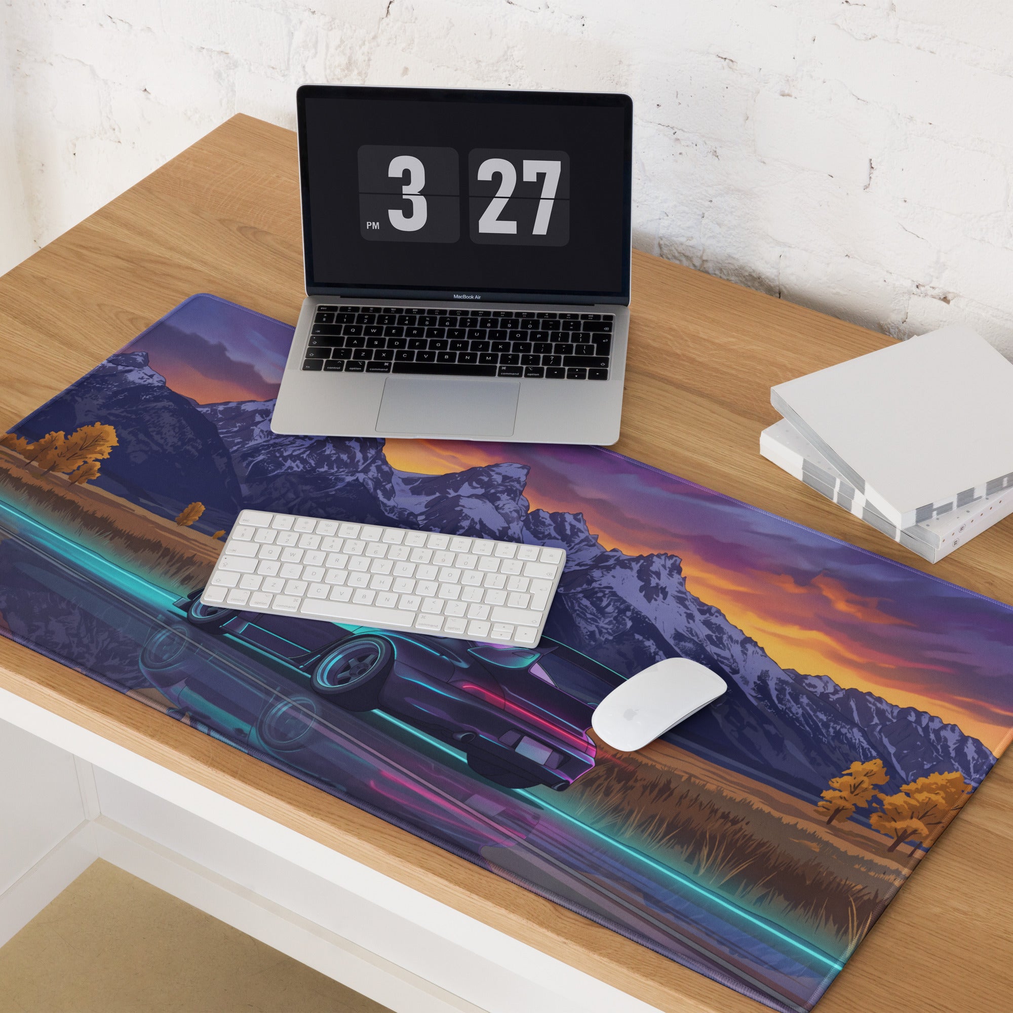 RWB Porsche 911 Turbo 964 Inspired Black Purple Vaporwave Gaming Mouse Pad, Classic Sports Car Desk Mat with Neon Mountain Sunset Artwork