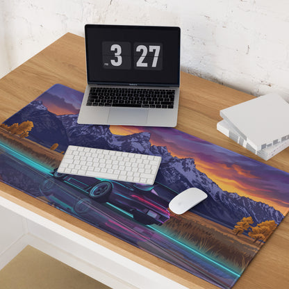 RWB Porsche 911 Turbo 964 Inspired Black Purple Vaporwave Gaming Mouse Pad, Classic Sports Car Desk Mat with Neon Mountain Sunset Artwork