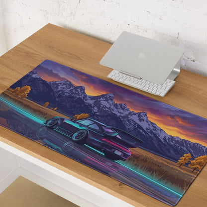 RWB Porsche 911 Turbo 964 Inspired Black Purple Vaporwave Gaming Mouse Pad, Classic Sports Car Desk Mat with Neon Mountain Sunset Artwork
