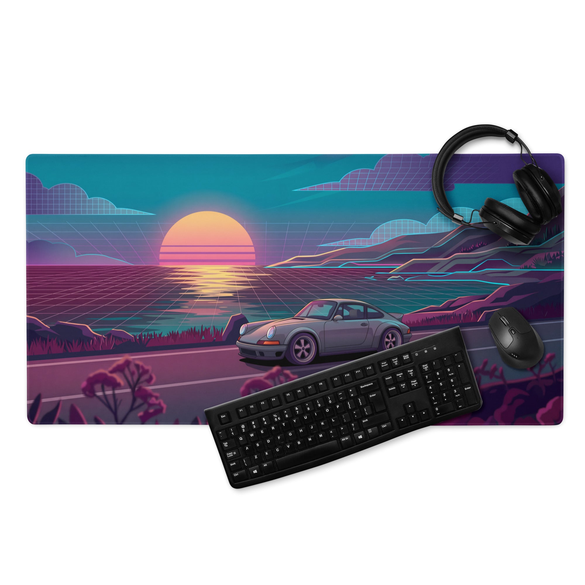Porsche 911 Carrera 964 Inspired Silver Teal Vaporwave Gaming Mouse Pad, Classic Sports Car Desk Mat with Neon Coastal Sunset Artwork