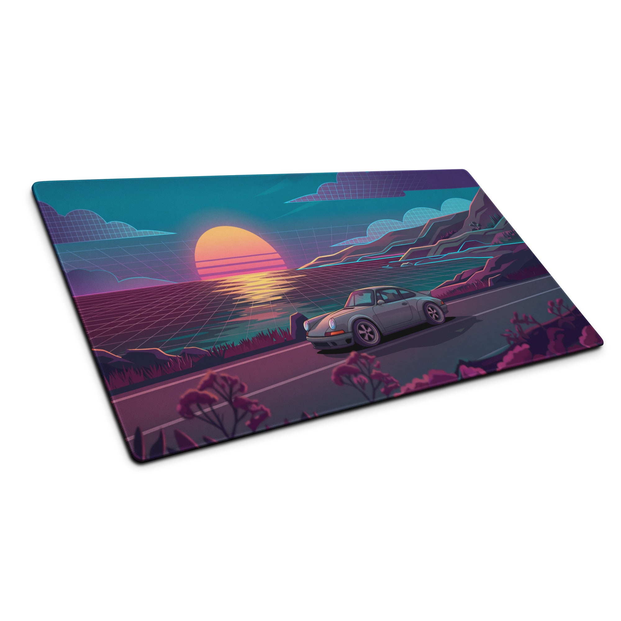 Porsche 911 Carrera 964 Inspired Silver Teal Vaporwave Gaming Mouse Pad, Classic Sports Car Desk Mat with Neon Coastal Sunset Artwork