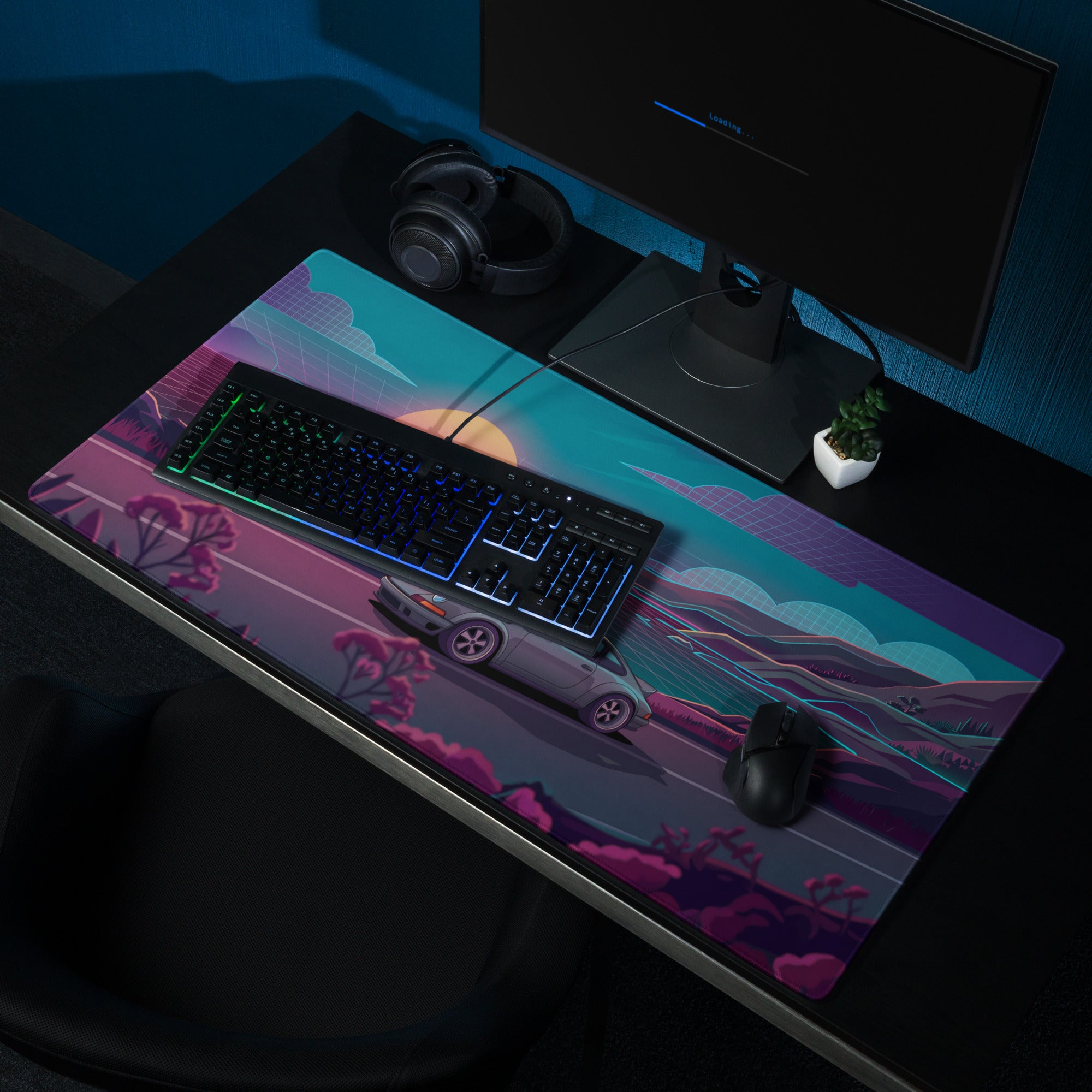 Porsche 911 Carrera 964 Inspired Silver Teal Vaporwave Gaming Mouse Pad, Classic Sports Car Desk Mat with Neon Coastal Sunset Artwork