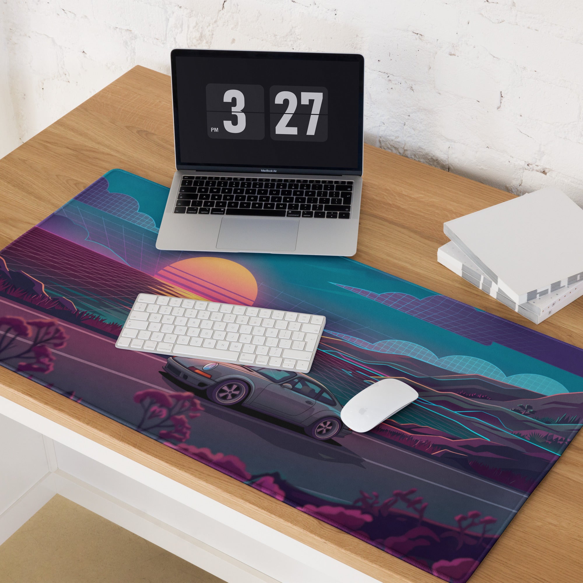 Porsche 911 Carrera 964 Inspired Silver Teal Vaporwave Gaming Mouse Pad, Classic Sports Car Desk Mat with Neon Coastal Sunset Artwork