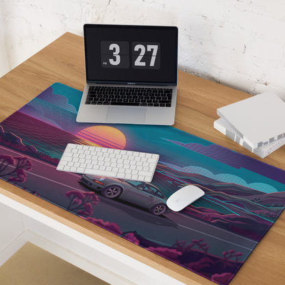 Porsche 911 Carrera 964 Inspired Silver Teal Vaporwave Gaming Mouse Pad, Classic Sports Car Desk Mat with Neon Coastal Sunset Artwork