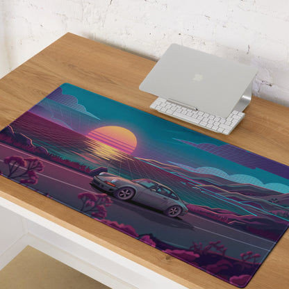 Porsche 911 Carrera 964 Inspired Silver Teal Vaporwave Gaming Mouse Pad, Classic Sports Car Desk Mat with Neon Coastal Sunset Artwork