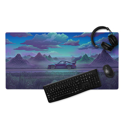 RWB Porsche 911 Inspired Purple Teal Vaporwave Gaming Mouse Pad, Classic Sports Car Desk Mat with Neon Mountain Road and Cloudscape Artwork
