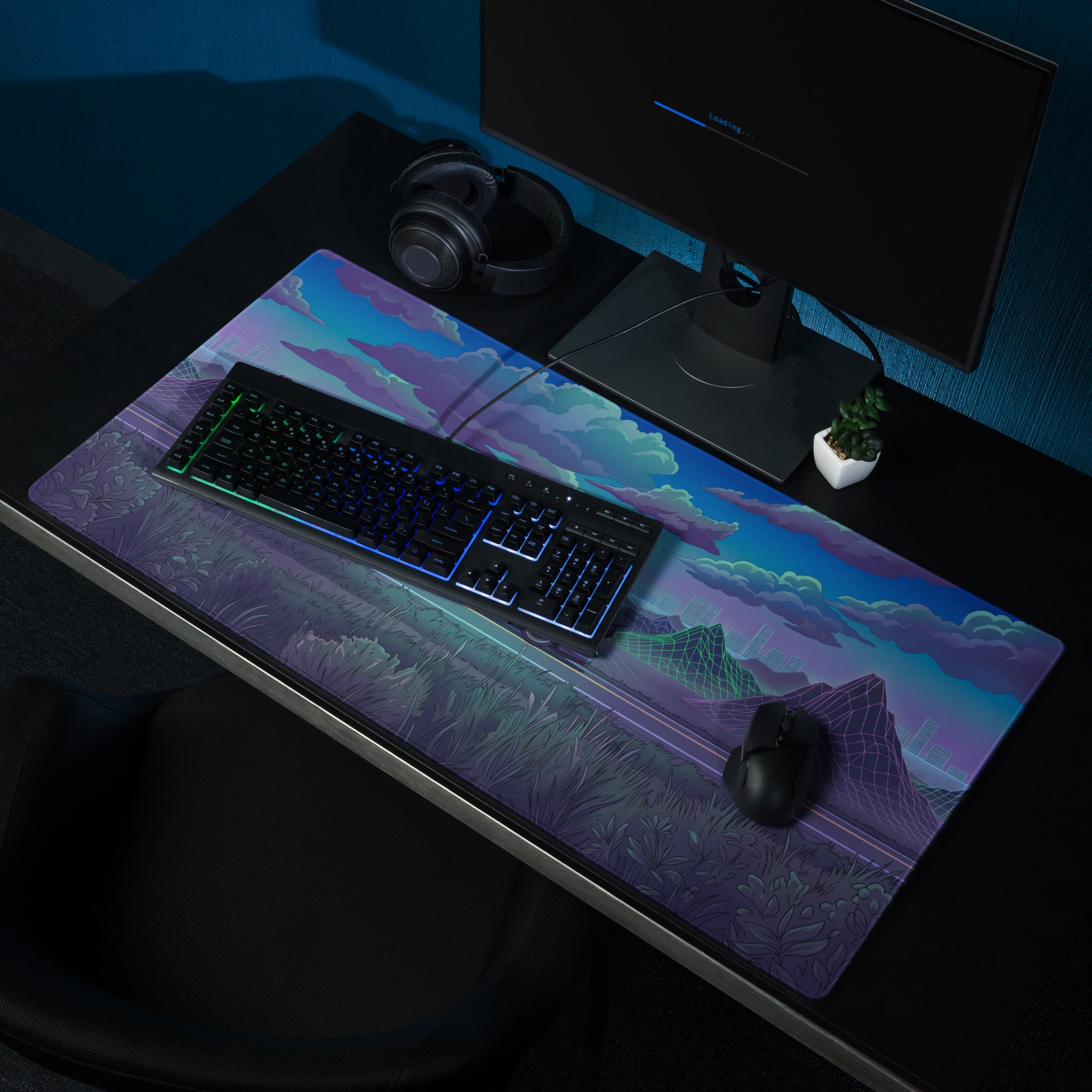 RWB Porsche 911 Inspired Purple Teal Vaporwave Gaming Mouse Pad, Classic Sports Car Desk Mat with Neon Mountain Road and Cloudscape Artwork