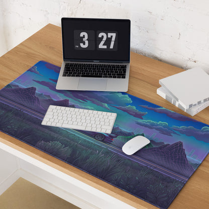 RWB Porsche 911 Inspired Purple Teal Vaporwave Gaming Mouse Pad, Classic Sports Car Desk Mat with Neon Mountain Road and Cloudscape Artwork