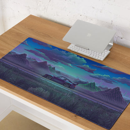 RWB Porsche 911 Inspired Purple Teal Vaporwave Gaming Mouse Pad, Classic Sports Car Desk Mat with Neon Mountain Road and Cloudscape Artwork