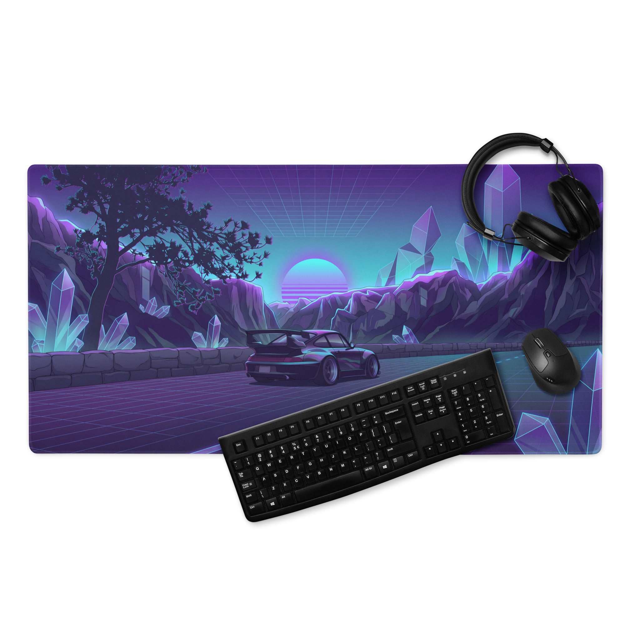 RWB Porsche 911 Inspired Black Purple Vaporwave Gaming Mouse Pad, Classic Widebody Sports Car Desk Mat with Neon Crystal Mountain Road Artwork
