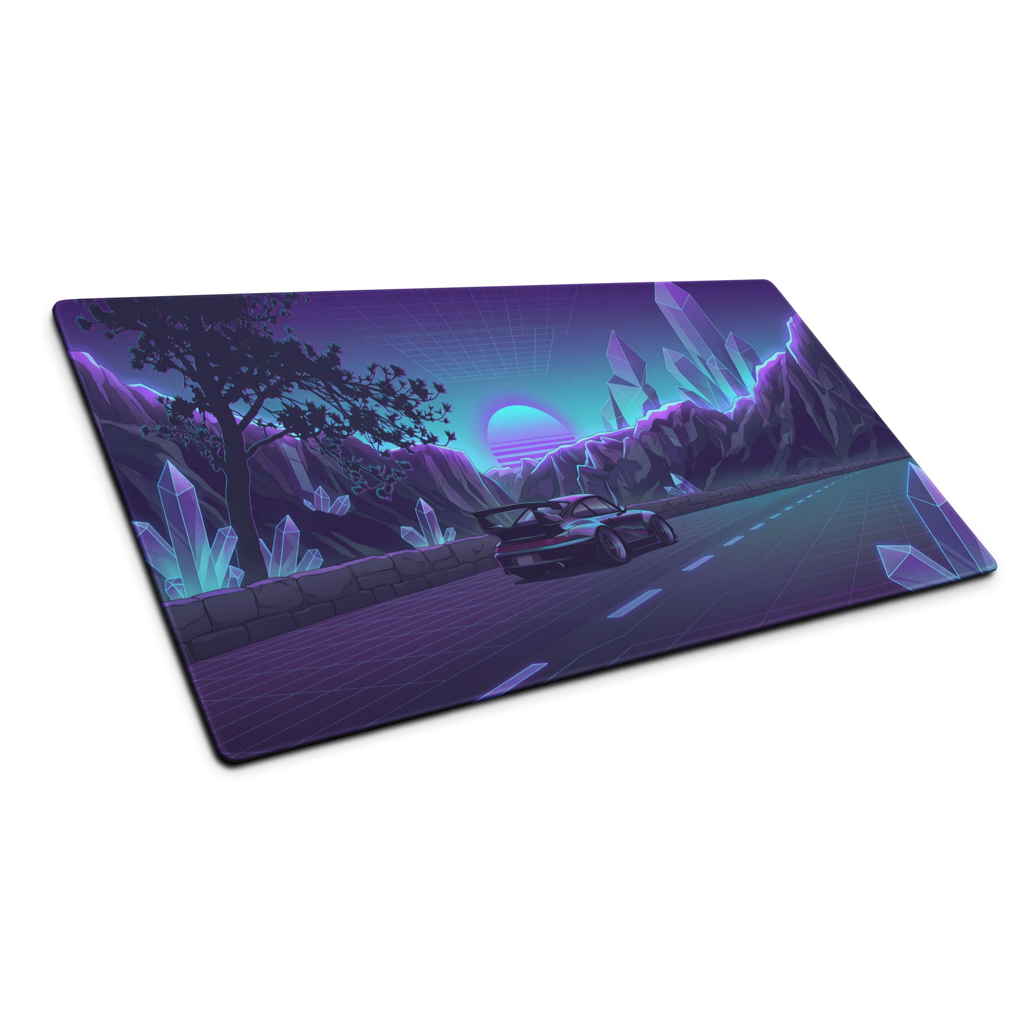 RWB Porsche 911 Inspired Black Purple Vaporwave Gaming Mouse Pad, Classic Widebody Sports Car Desk Mat with Neon Crystal Mountain Road Artwork