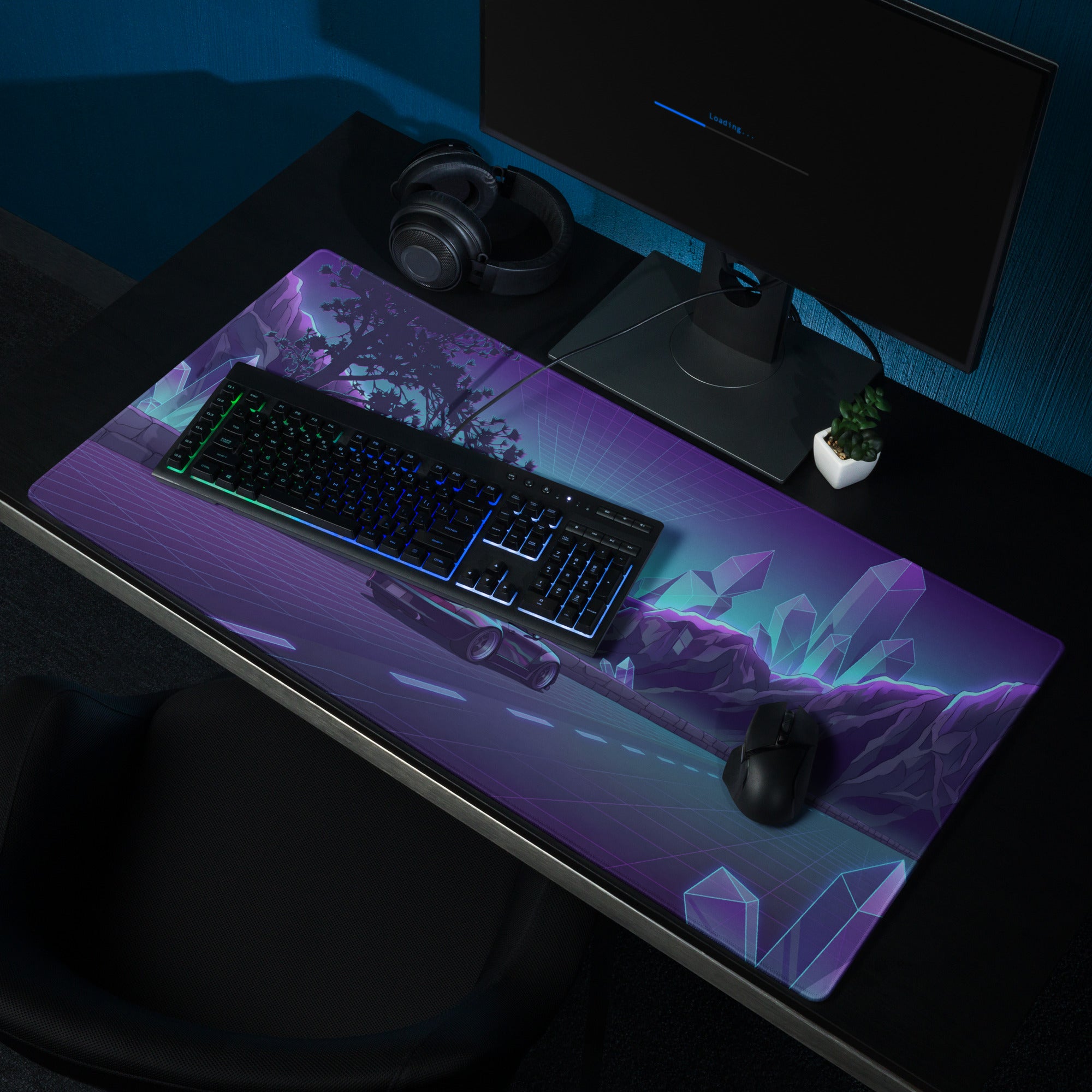 RWB Porsche 911 Inspired Black Purple Vaporwave Gaming Mouse Pad, Classic Widebody Sports Car Desk Mat with Neon Crystal Mountain Road Artwork
