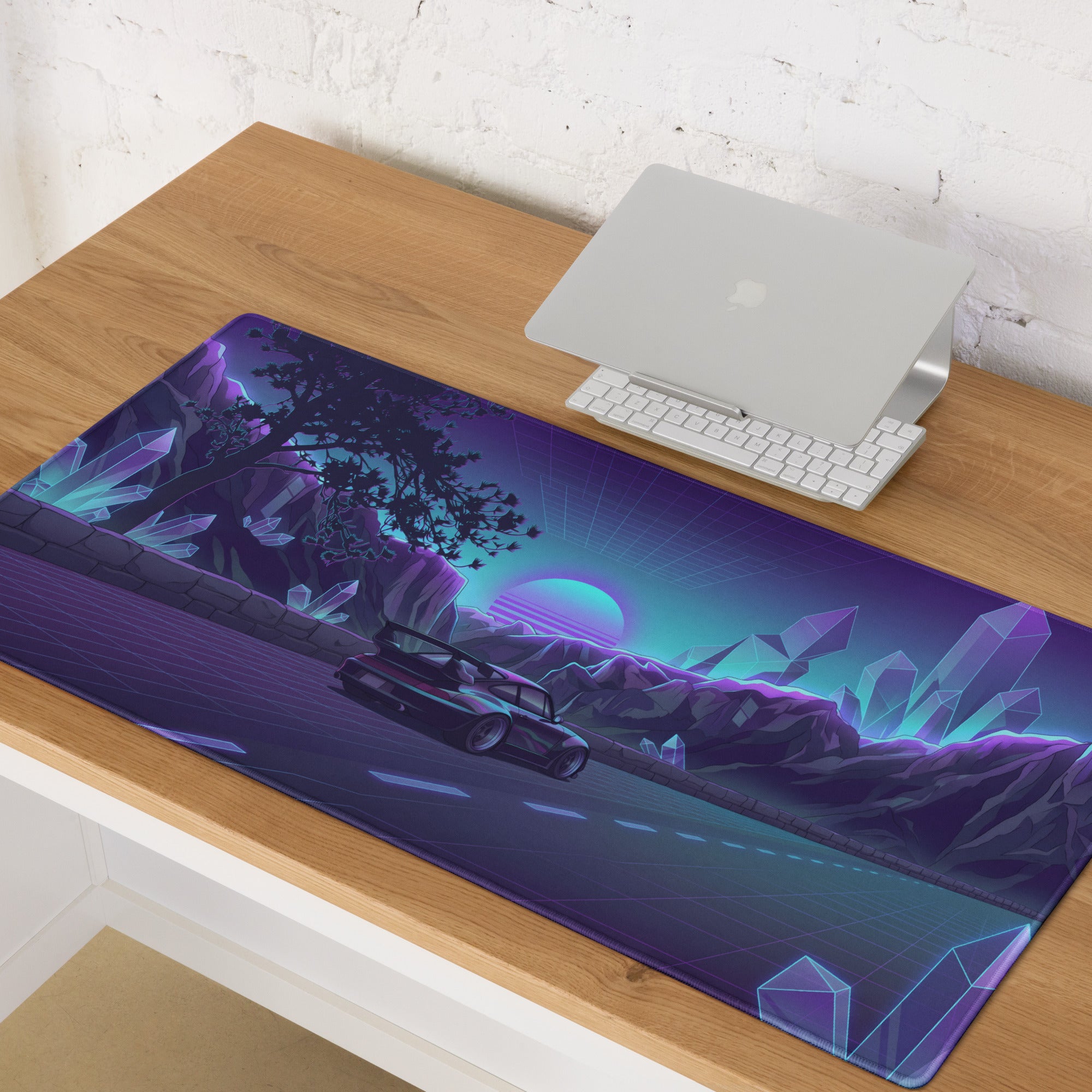 RWB Porsche 911 Inspired Black Purple Vaporwave Gaming Mouse Pad, Classic Widebody Sports Car Desk Mat with Neon Crystal Mountain Road Artwork