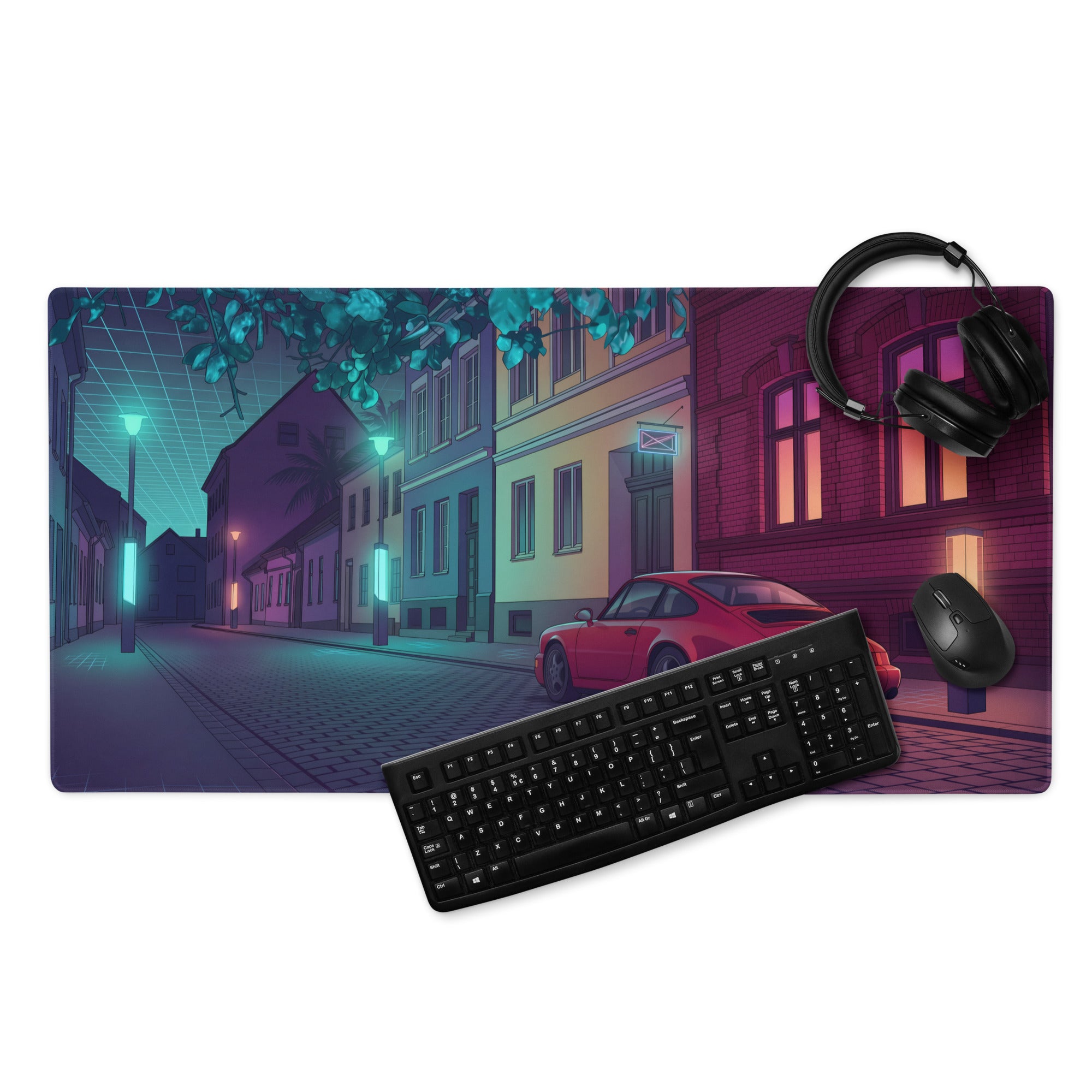 Porsche 928 Inspired Red Teal Vaporwave Gaming Mouse Pad, Classic Grand Touring Sports Car Desk Mat with Neon European Street Artwork