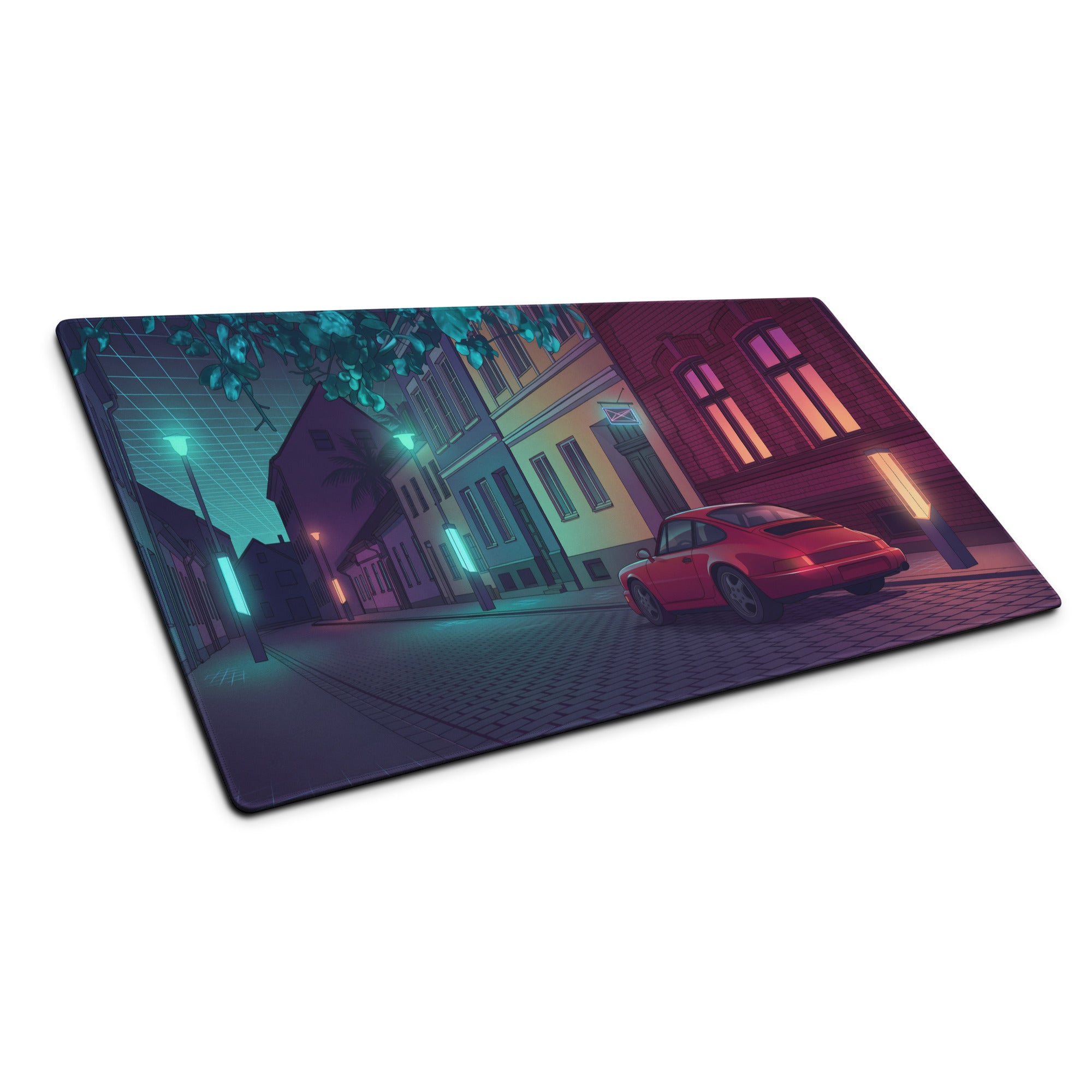 Porsche 928 Inspired Red Teal Vaporwave Gaming Mouse Pad, Classic Grand Touring Sports Car Desk Mat with Neon European Street Artwork