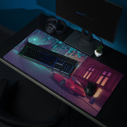 Porsche 928 Inspired Red Teal Vaporwave Gaming Mouse Pad, Classic Grand Touring Sports Car Desk Mat with Neon European Street Artwork