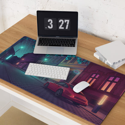 Porsche 928 Inspired Red Teal Vaporwave Gaming Mouse Pad, Classic Grand Touring Sports Car Desk Mat with Neon European Street Artwork