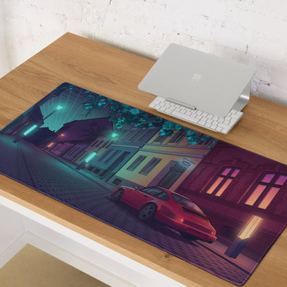 Porsche 928 Inspired Red Teal Vaporwave Gaming Mouse Pad, Classic Grand Touring Sports Car Desk Mat with Neon European Street Artwork