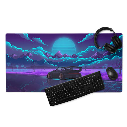 RWB Porsche 911 Turbo Inspired Purple Blue Vaporwave Gaming Mouse Pad, Neon Mountain Road Desk Mat with Retro Futuristic Crystal Artwork