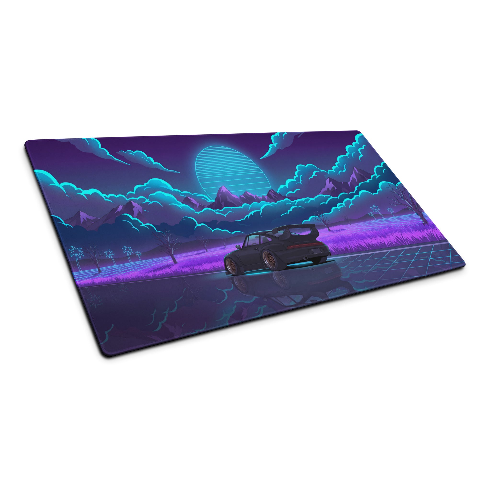 RWB Porsche 911 Turbo Inspired Purple Blue Vaporwave Gaming Mouse Pad, Neon Mountain Road Desk Mat with Retro Futuristic Crystal Artwork